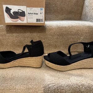 TOMS Womens Open Toe Ankle Straps Cork Wedge Platform Shoes/Size 8.5/Black Linen